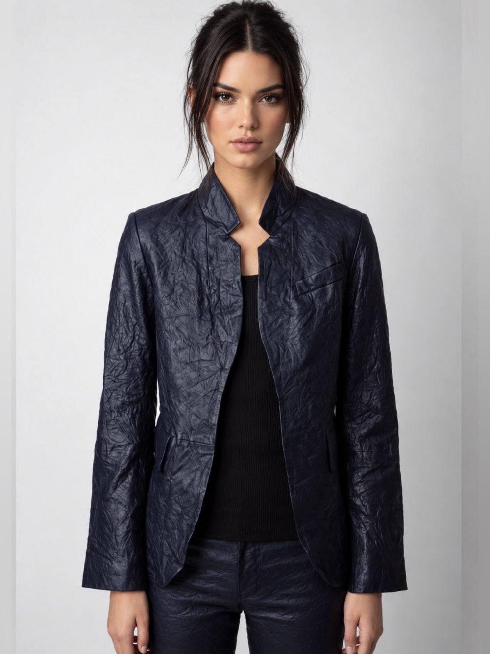 Zadig & Voltaire Very Cuir Froissé Dark Navy Leather Open-Front Jacket. Size 36